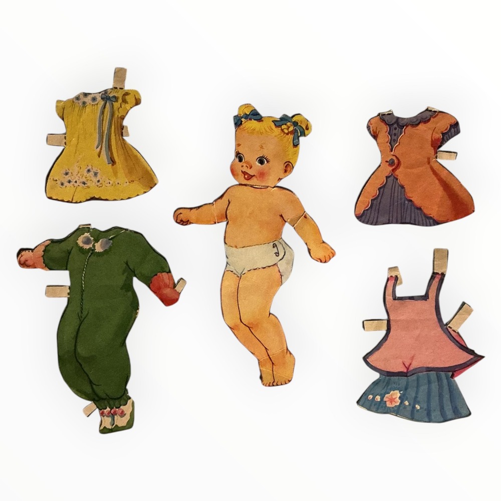 Vintage Paper Doll Baby Girl With Four Clothing Outfits Paper Ephemera